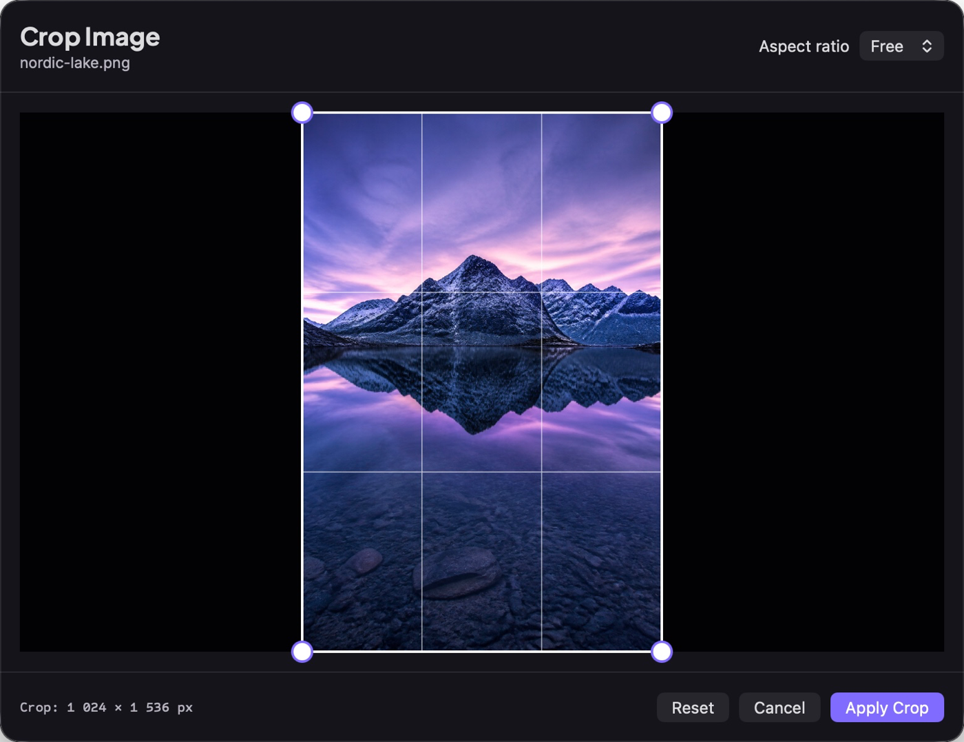 SnappyEdit crop editor displaying a mountain photograph with a crop grid
